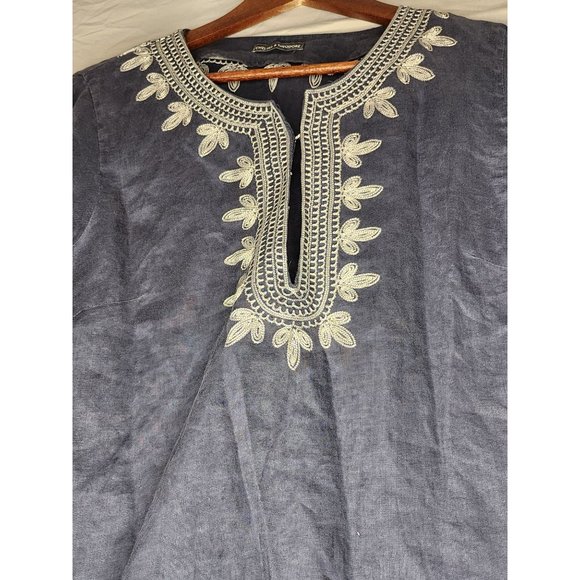 Chelsea & Theodore Women’s Linen Embroidered Navy Blue Ivory Tunic Blouse - Picture 4 of 8